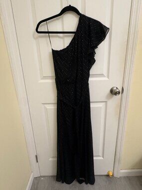 Maje Black One-Shoulder Metallic Dot / Studded Ruffle Maxi Dress - Size 2 (US M)